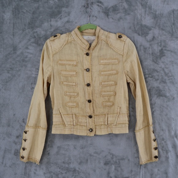 SL Los Angeles Embroidered Linen Military Jacket Womens Large Yellow Boho Su - Picture 2 of 16